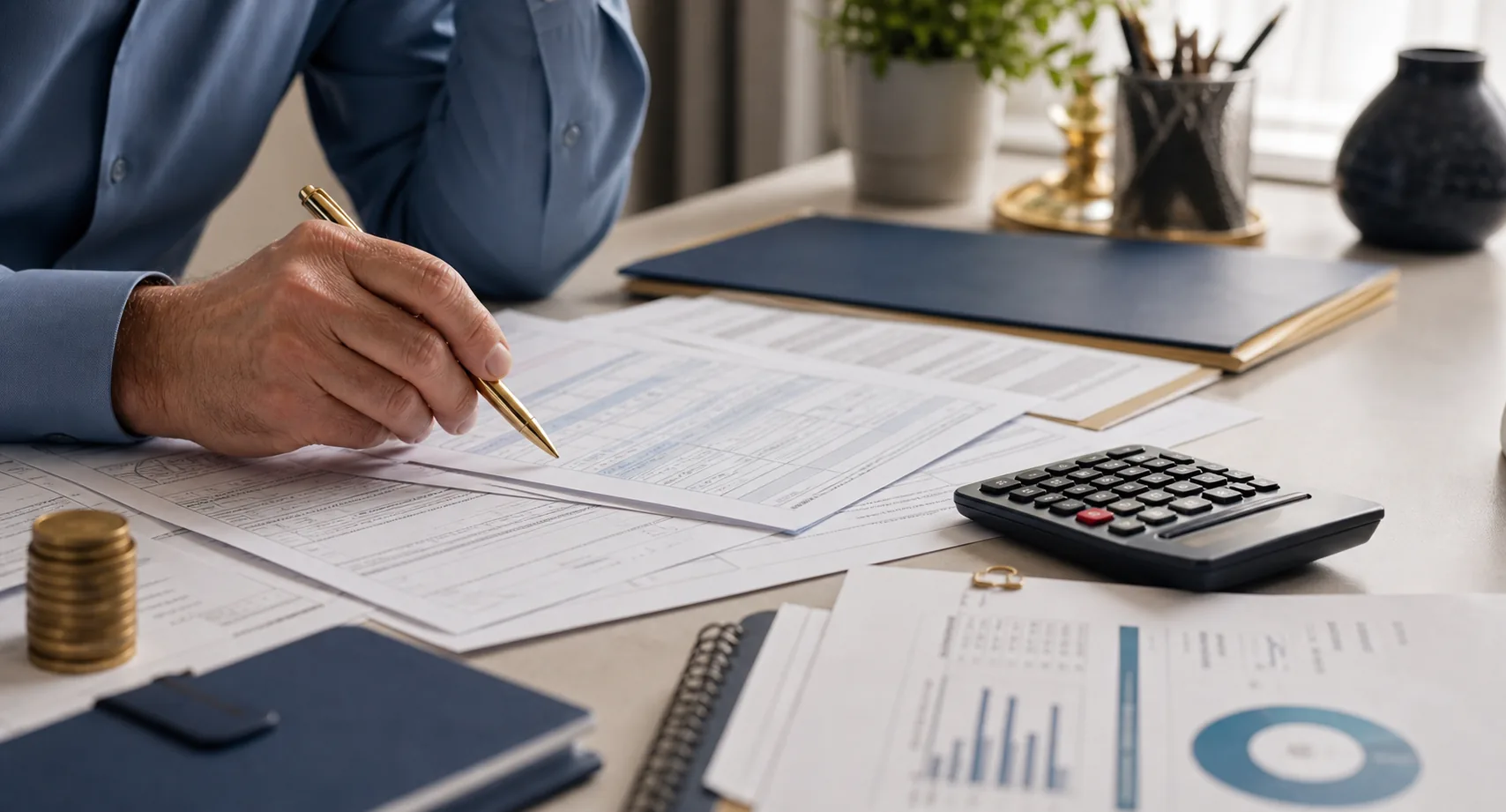 Documentos financeiros organizados sobre uma mesa